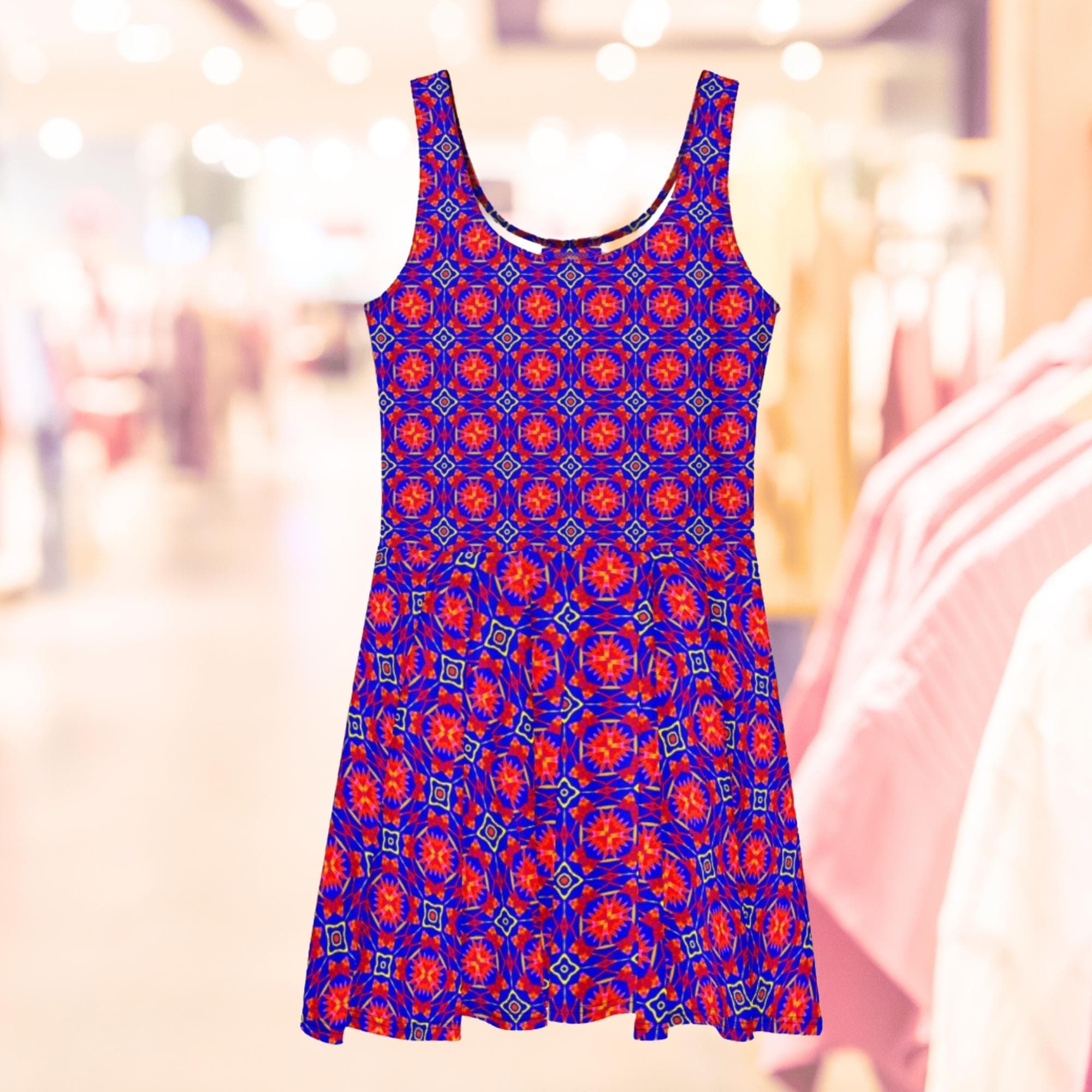 Vibrant Apparel New Zealand Geometric Floral Skater Dress, Sleeveless Fit and Flare Summer Dress for Women