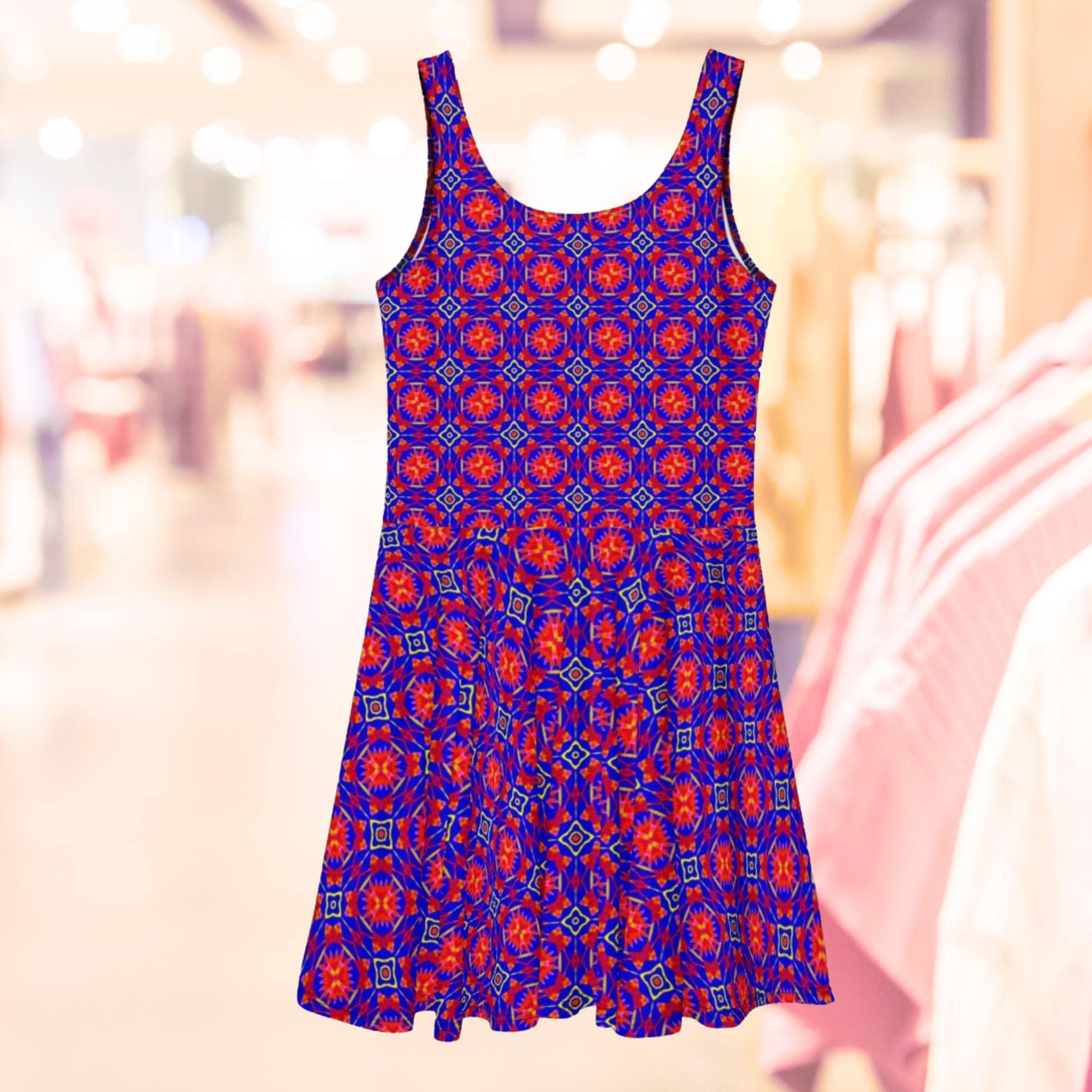 Vibrant Apparel New Zealand Geometric Floral Skater Dress, Sleeveless Fit and Flare Summer Dress for Women