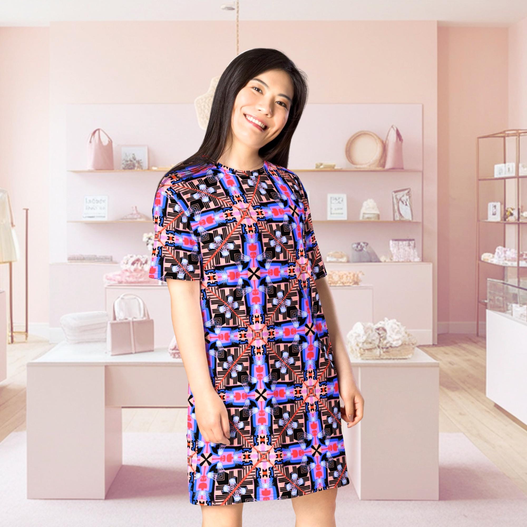 Vibrant Apparel New Zealand Cosmic Cross Graphic T-Shirt Dress – Abstract Geometric Print, Streetwear Style