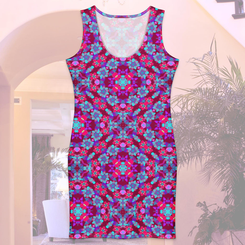 Vibrant Apparel New Zealand Pink Blue Floral Geometric Cotton bodycon dress