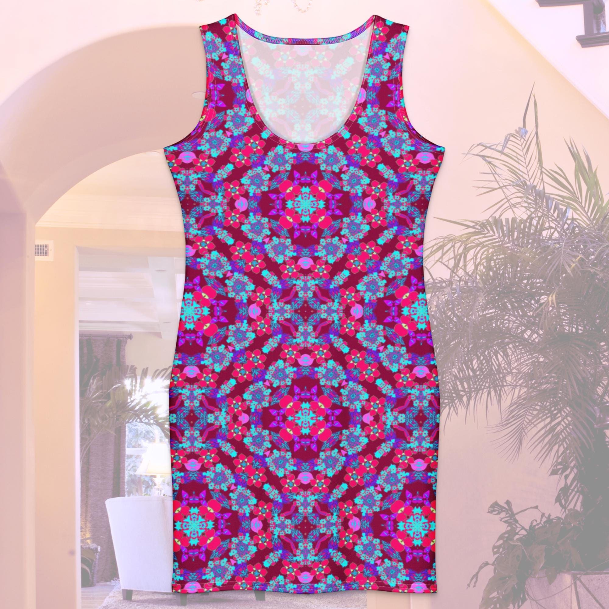 Vibrant Apparel New Zealand Pink Blue Floral Geometric Cotton bodycon dress