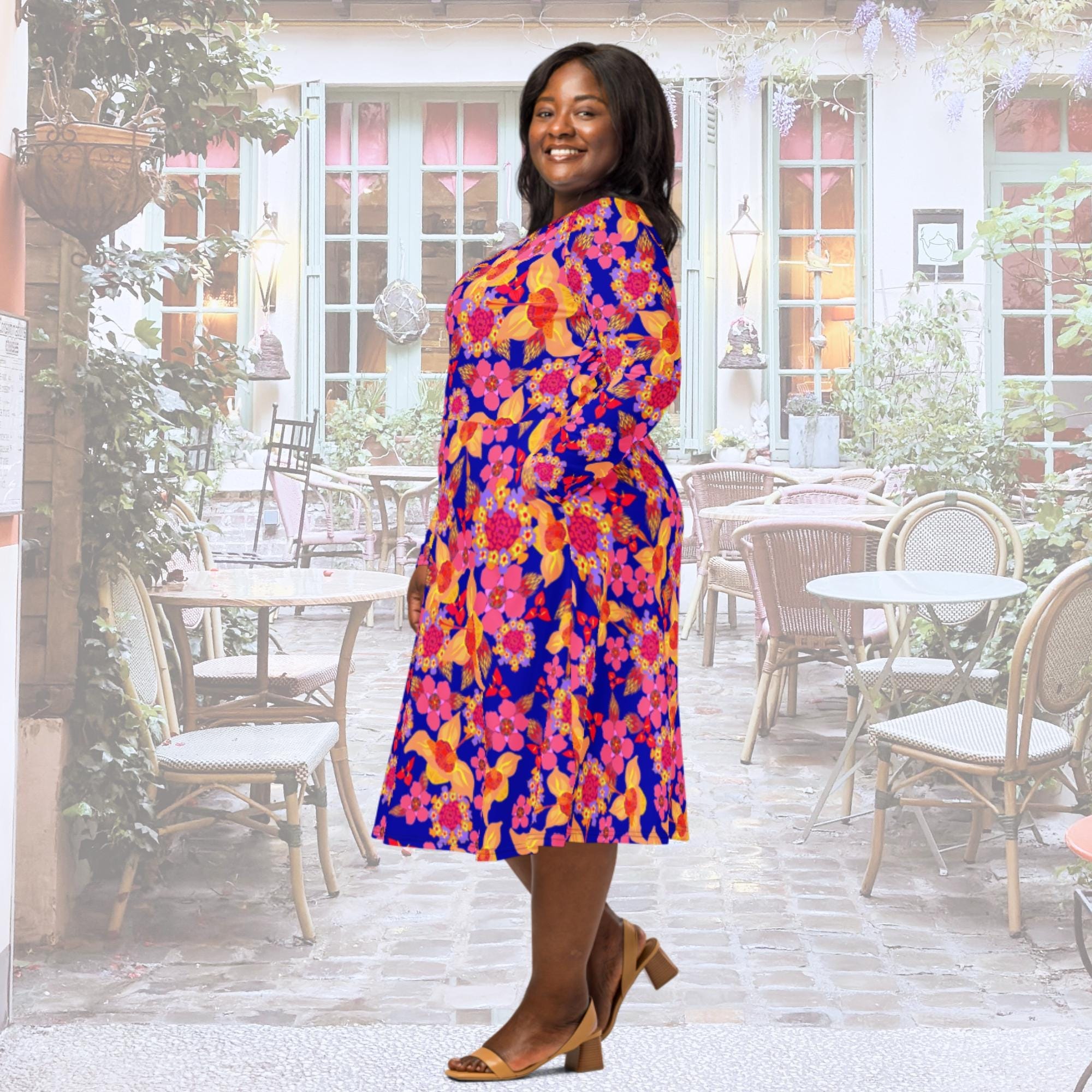 Vibrant Apparel New Zealand Orange Purple Floral Long Sleeve Midi Dress with Pockets | Vibrant Apparel NZ