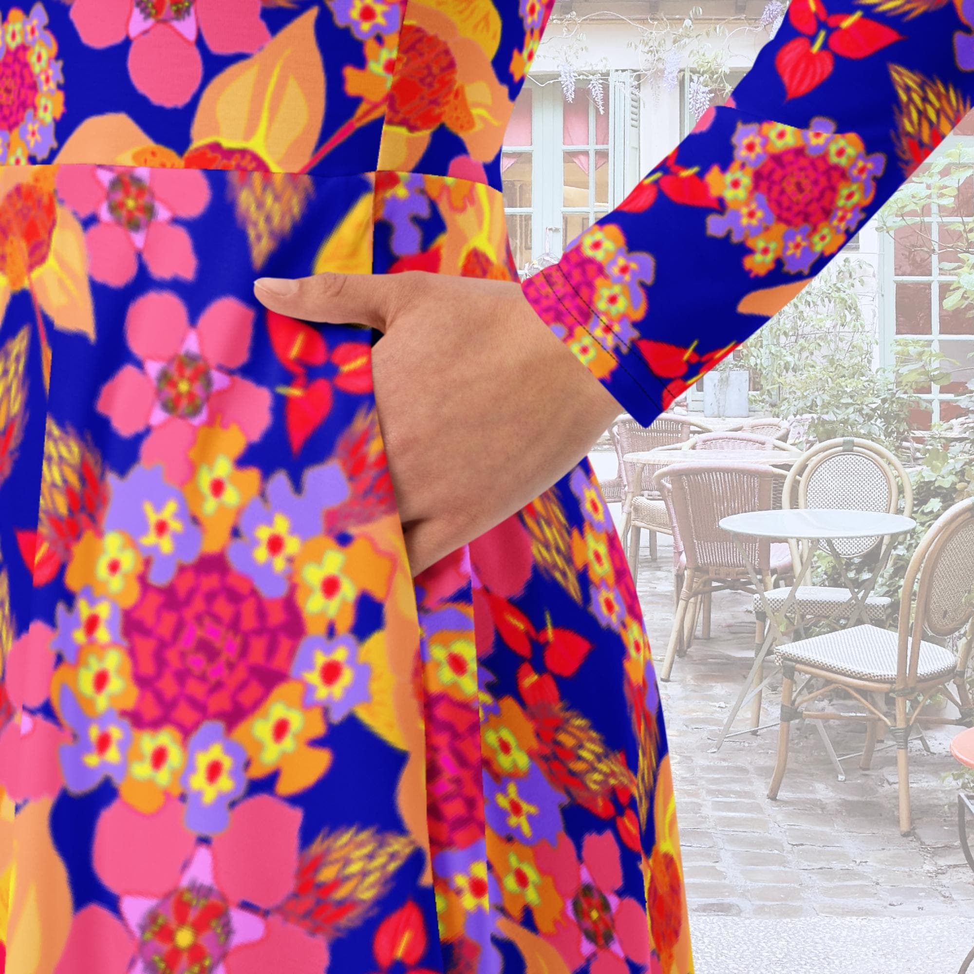 Vibrant Apparel New Zealand Orange Purple Floral Long Sleeve Midi Dress with Pockets | Vibrant Apparel NZ