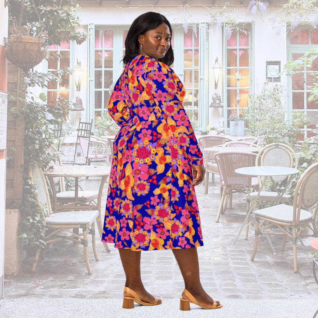 Vibrant Apparel New Zealand Orange Purple Floral Long Sleeve Midi Dress with Pockets | Vibrant Apparel NZ
