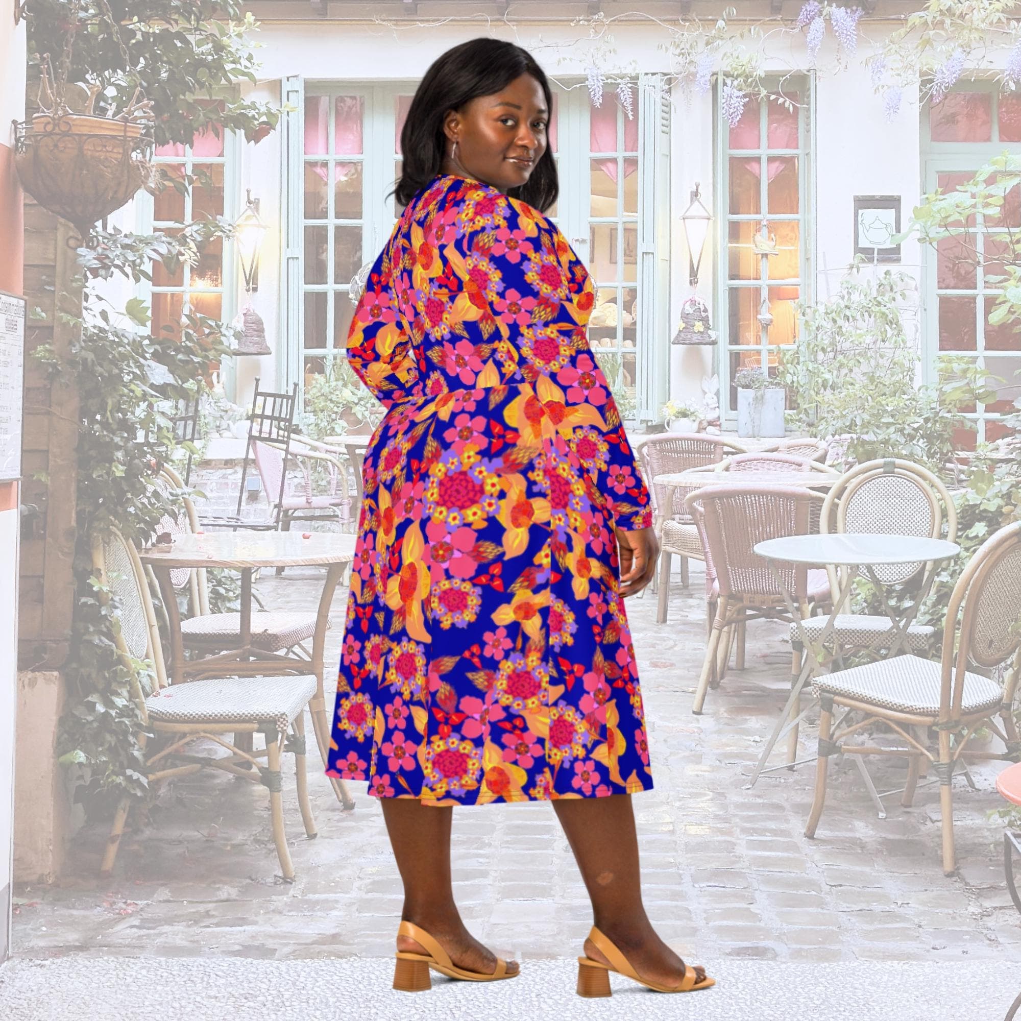 Vibrant Apparel New Zealand Orange Purple Floral Long Sleeve Midi Dress with Pockets | Vibrant Apparel NZ