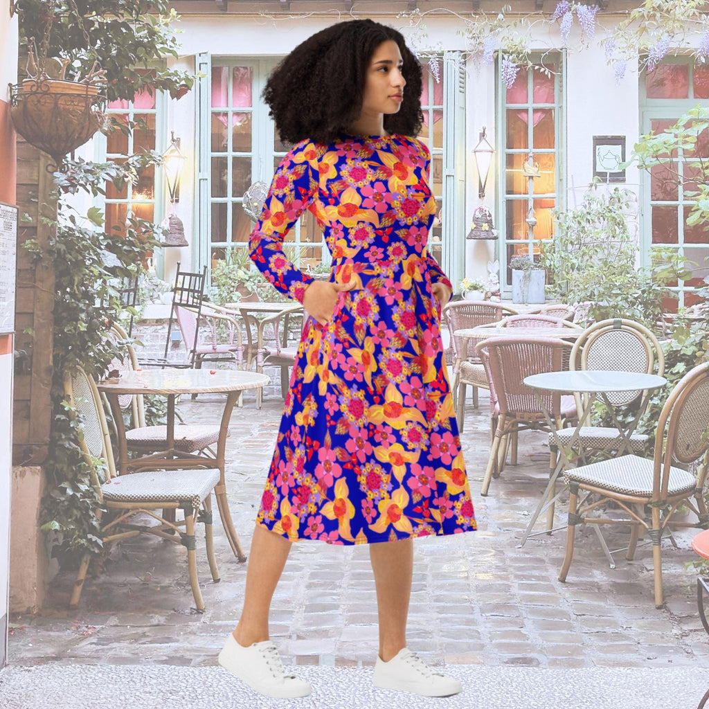 Vibrant Apparel New Zealand Orange Purple Floral Long Sleeve Midi Dress with Pockets | Vibrant Apparel NZ