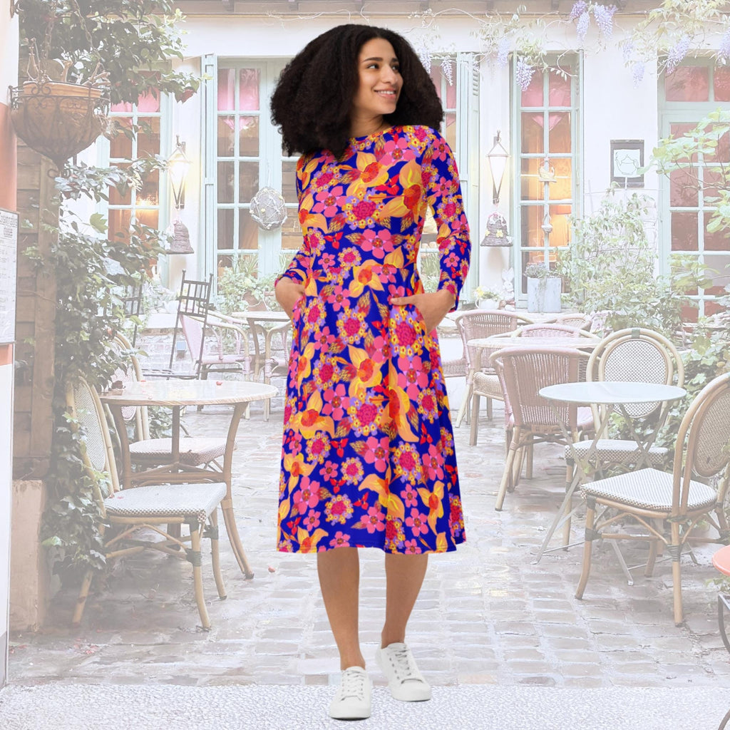 Vibrant Apparel New Zealand Orange Purple Floral Long Sleeve Midi Dress with Pockets | Vibrant Apparel NZ