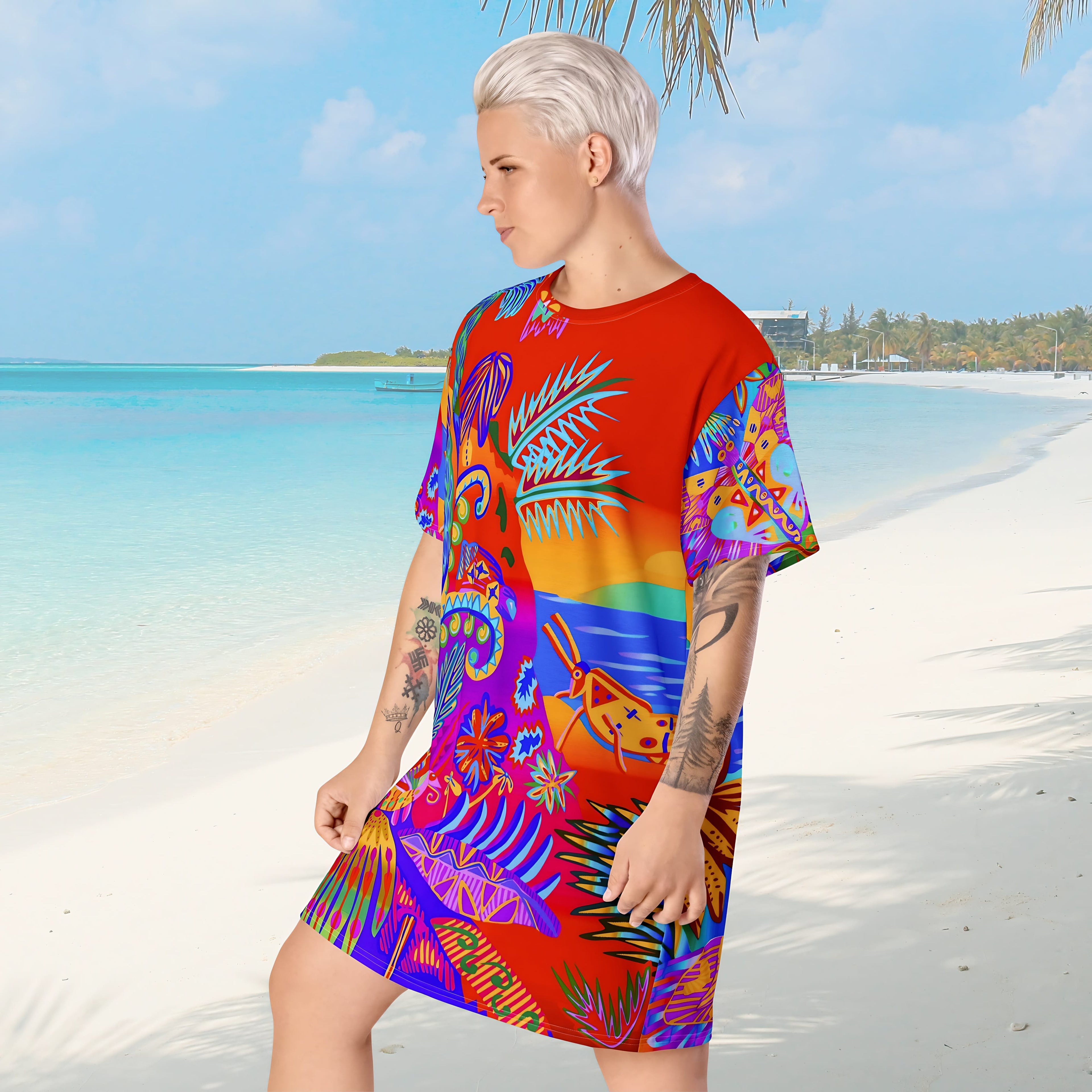 Vibrant Apparel New Zealand 🌴 Tropical Psychedelic All-Over Print T-Shirt Dress