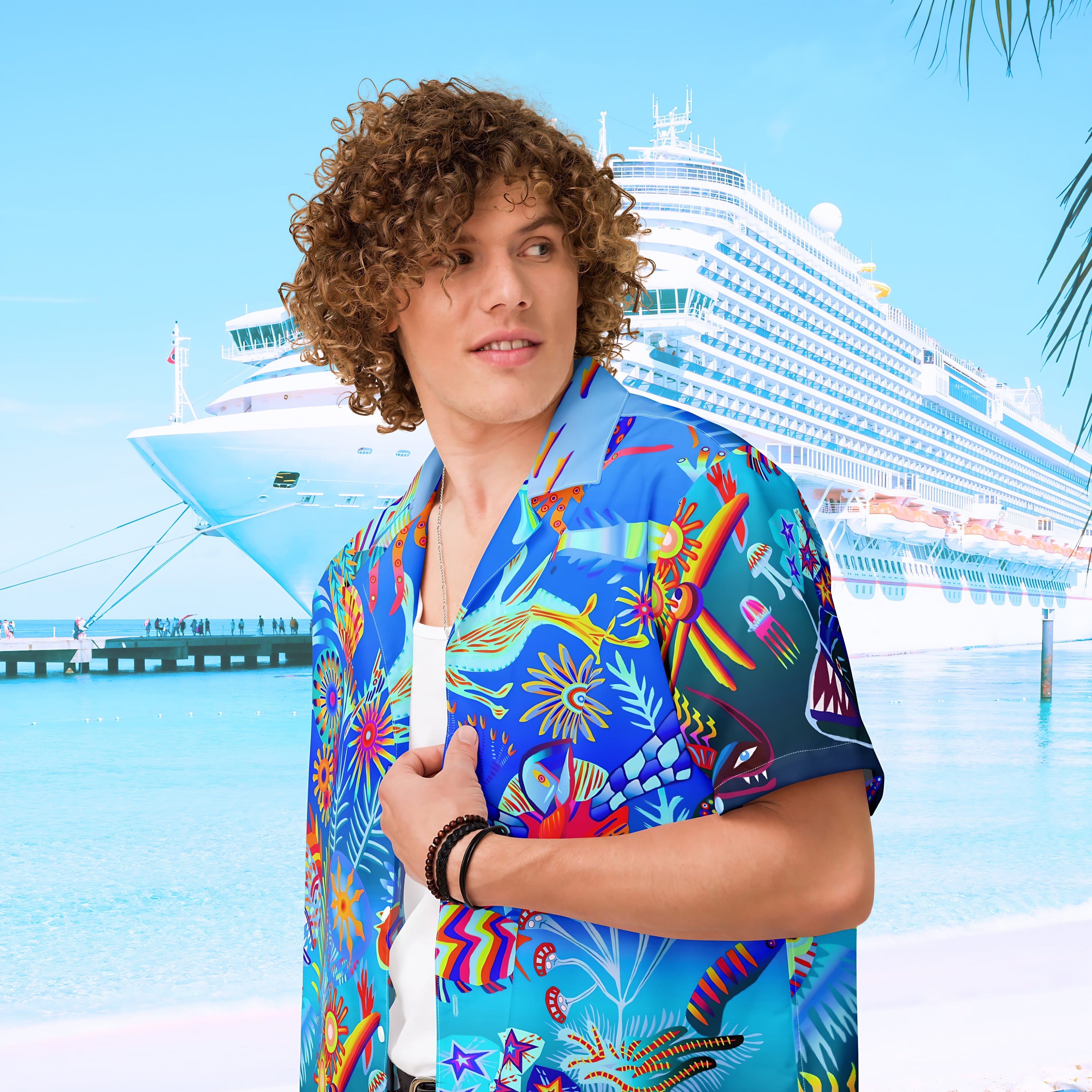 Vibrant Apparel New Zealand CUT-SEW Custom Blue Hawaiian Shirt, Tropical Ocean Fish Print Resort Button Up, Moisture Wicking Beachwear