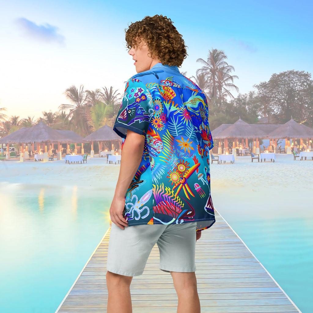 Vibrant Apparel New Zealand CUT-SEW Custom Blue Hawaiian Shirt, Tropical Ocean Fish Print Resort Button Up, Moisture Wicking Beachwear