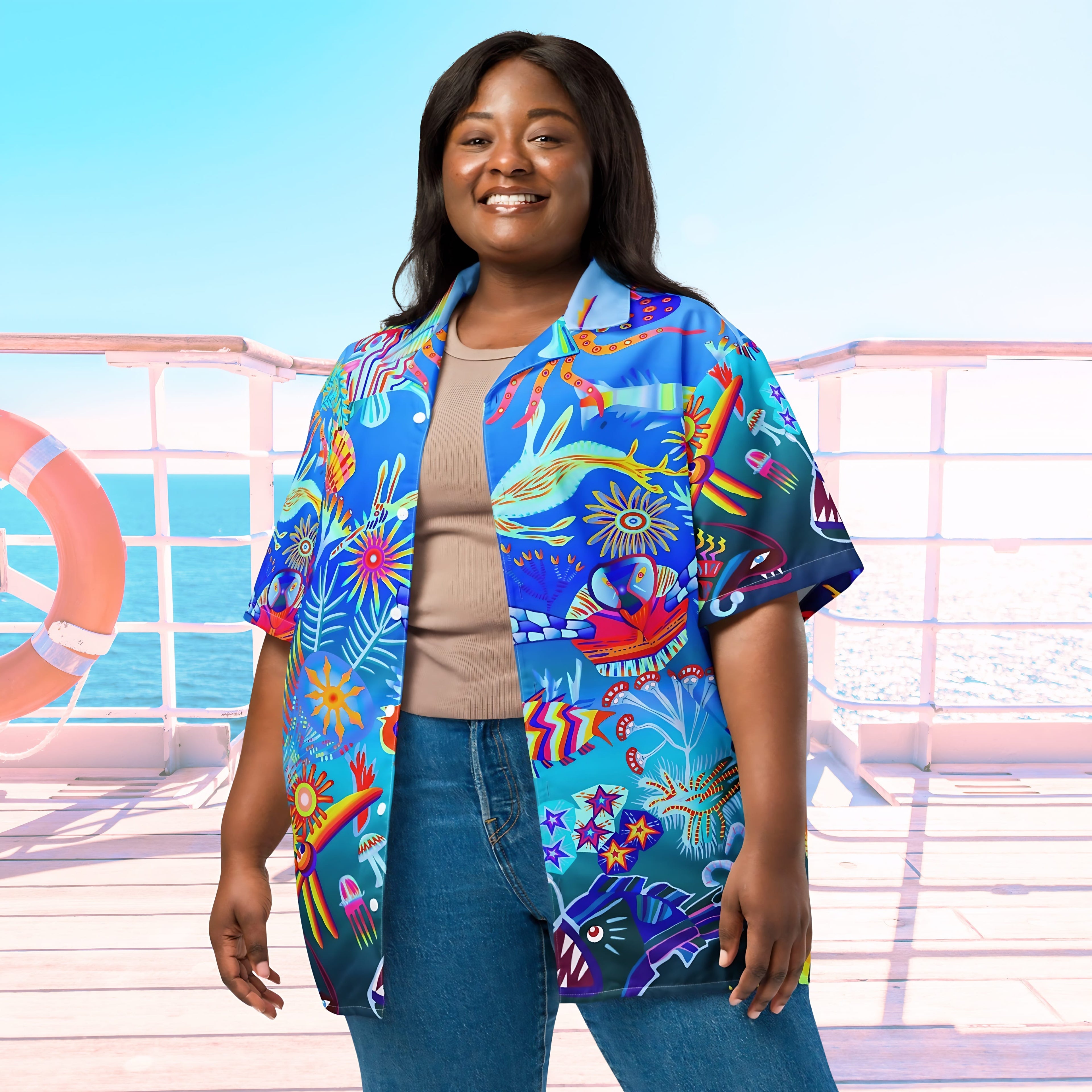 Vibrant Apparel New Zealand CUT-SEW Custom Blue Hawaiian Shirt, Tropical Ocean Fish Print Resort Button Up, Moisture Wicking Beachwear