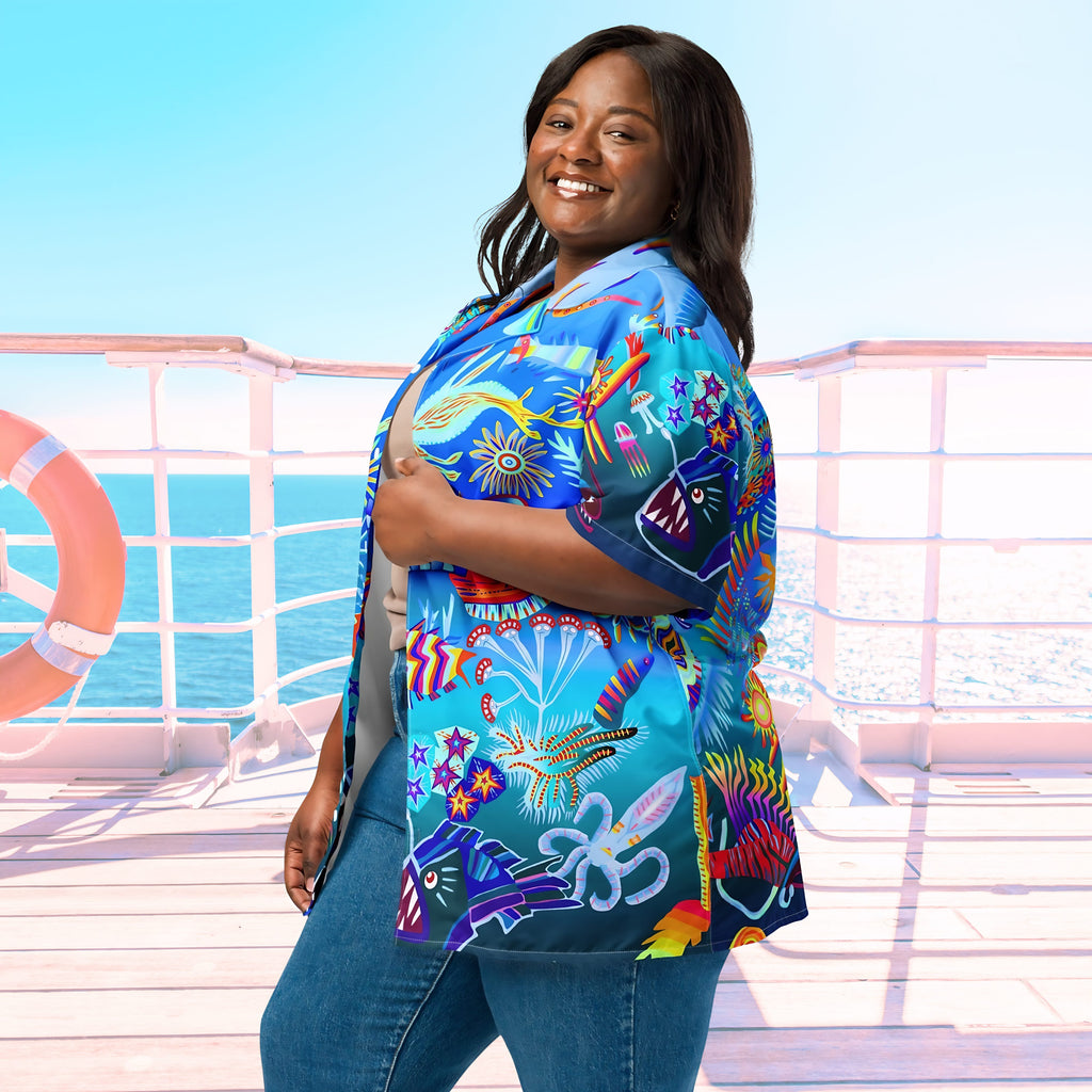 Vibrant Apparel New Zealand CUT-SEW Custom Blue Hawaiian Shirt, Tropical Ocean Fish Print Resort Button Up, Moisture Wicking Beachwear
