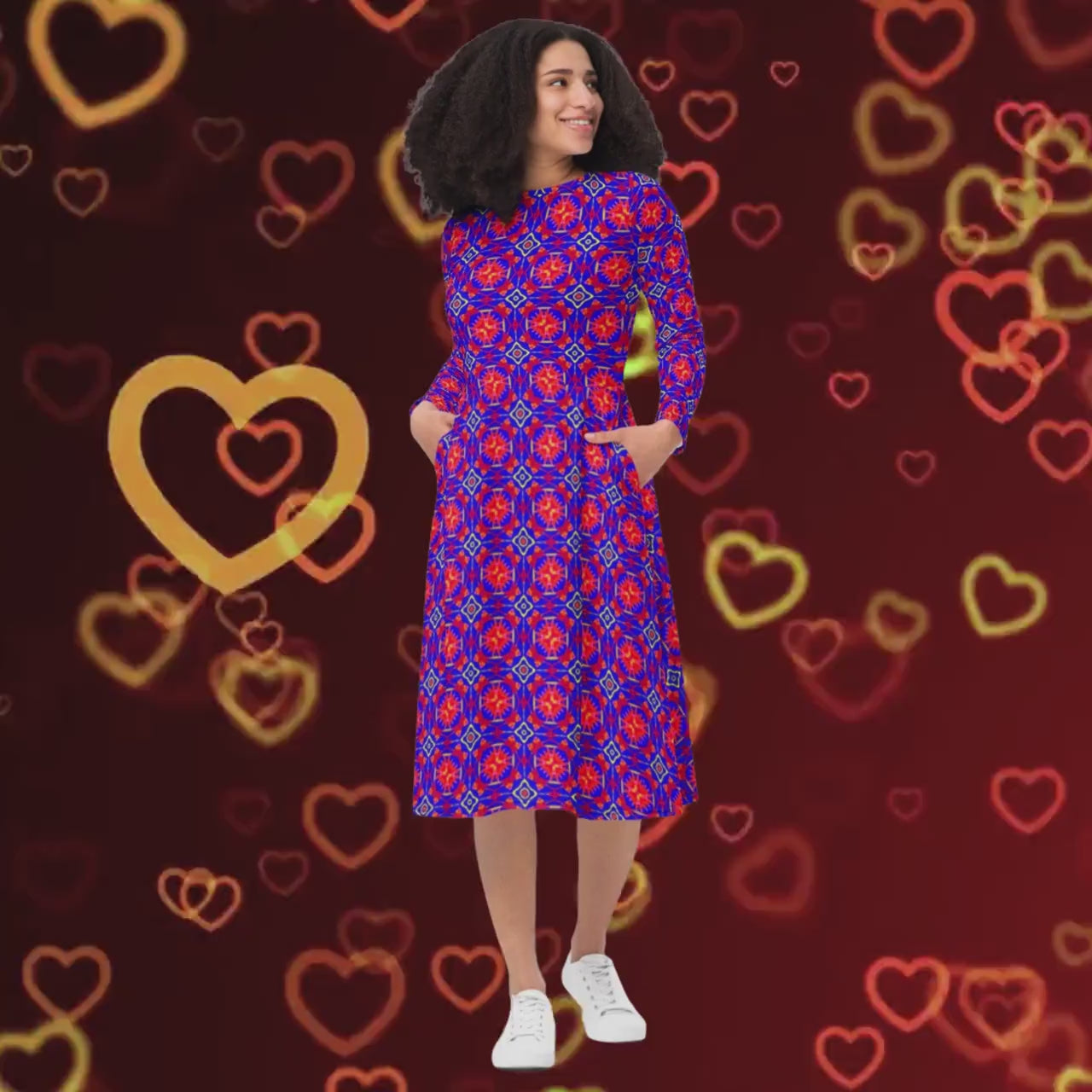 Geometric Print Midi Dress with Pockets, Fit and Flare Skater Style