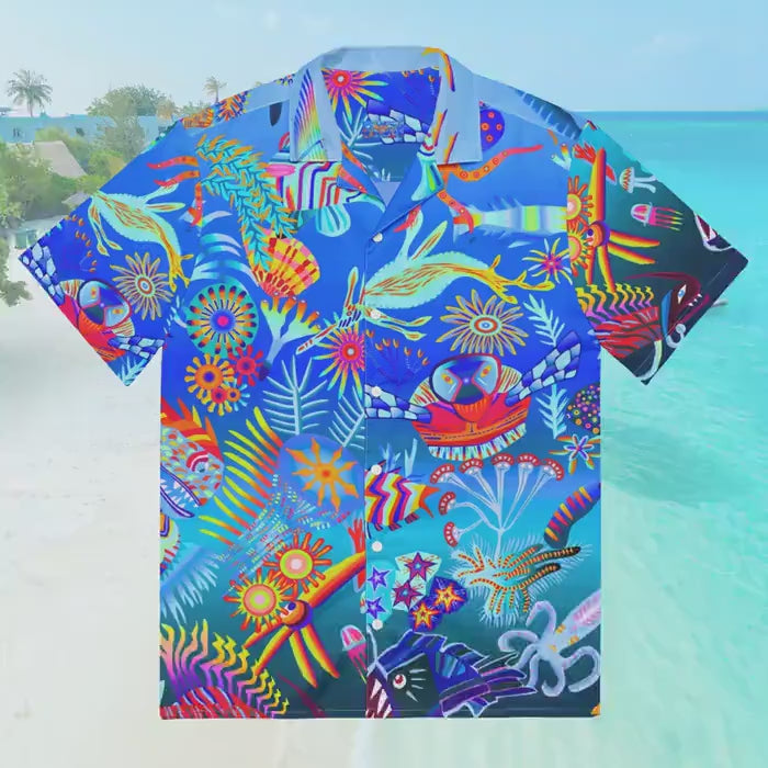 Custom Blue Hawaiian Shirt, Tropical Ocean Fish Print Resort Button Up, Moisture Wicking Beachwear