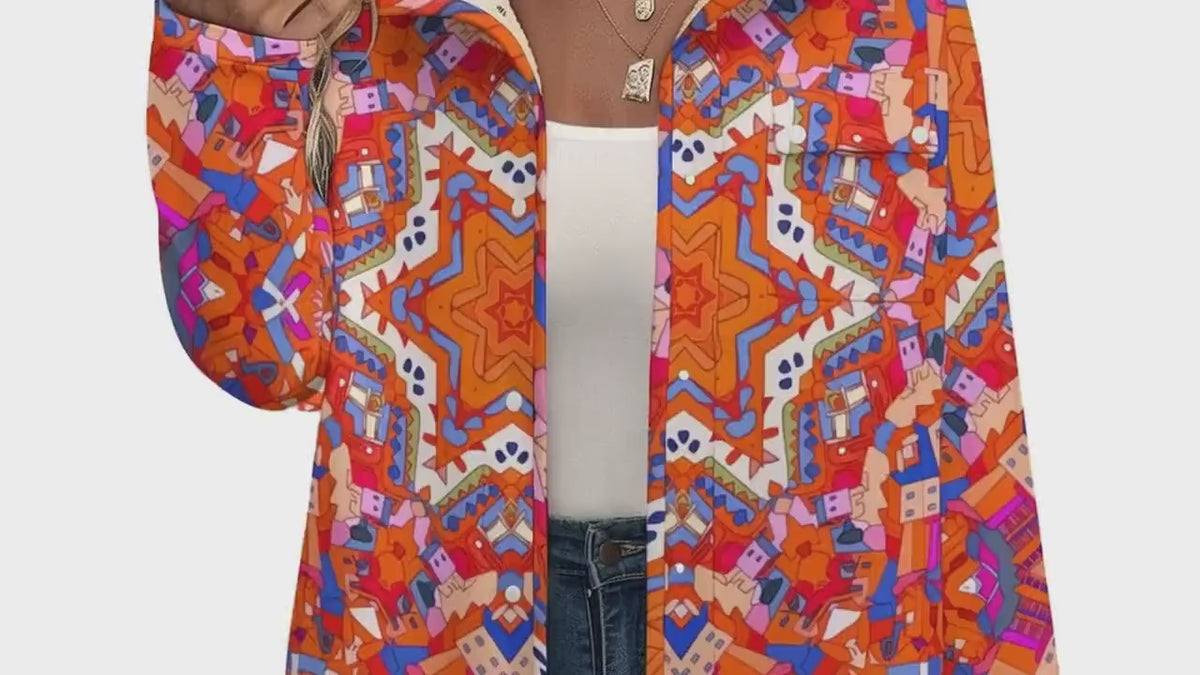 Colorful Kaleidoscope Print Snap Jacket | Trippy Abstract Fleece-Lined Winter Coat, Bold Boho Geometric Festival Streetwear