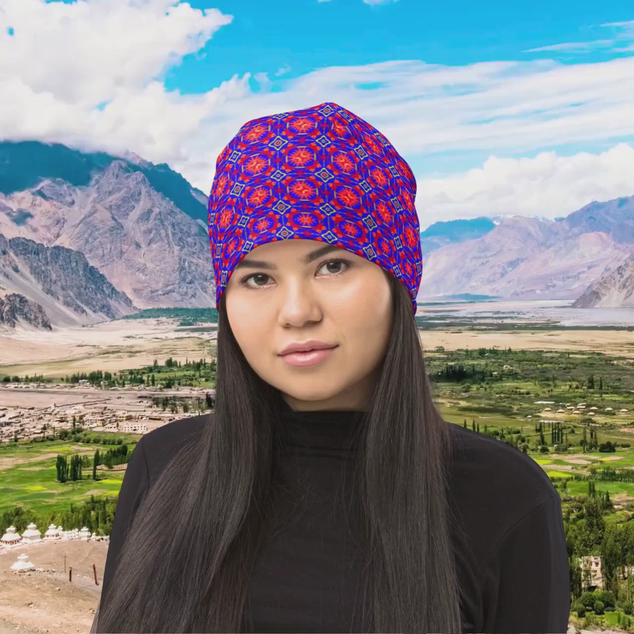Geometric Knit Beanie, Colorful Kaleidoscope Pattern