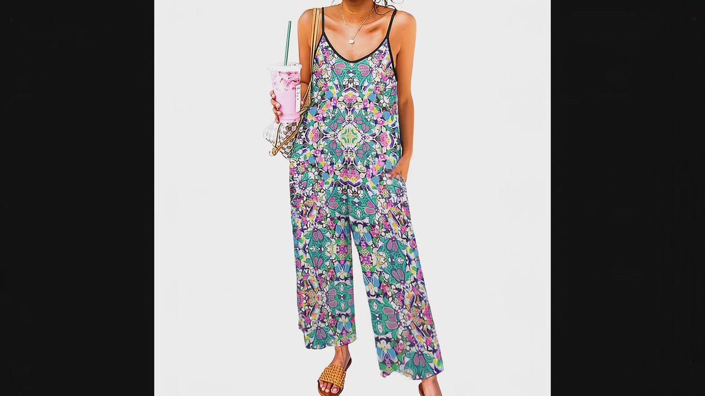 Boho Geometric  Pink Green Jumpsuit - Spaghetti Strap Wide-Leg Overalls