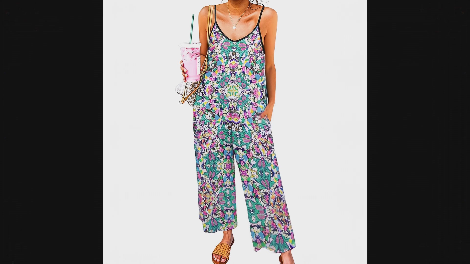 Boho Geometric  Pink Green Jumpsuit - Spaghetti Strap Wide-Leg Overalls