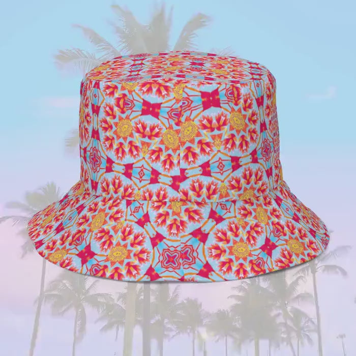 Reversible Floral Kaleidoscope Bucket Hat, Festival Rave Streetwear, Linen Feel Sun Hat