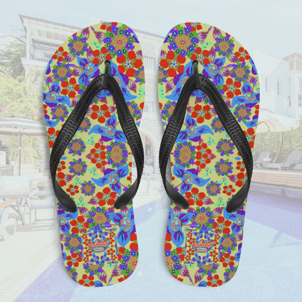 Top view of moving women’s floral flip flops with vibrant multicolor print