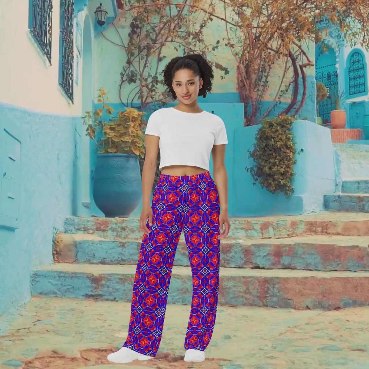 Boho Palazzo Pants, All Over Print Flowy Loungewear, Drawstring Pockets