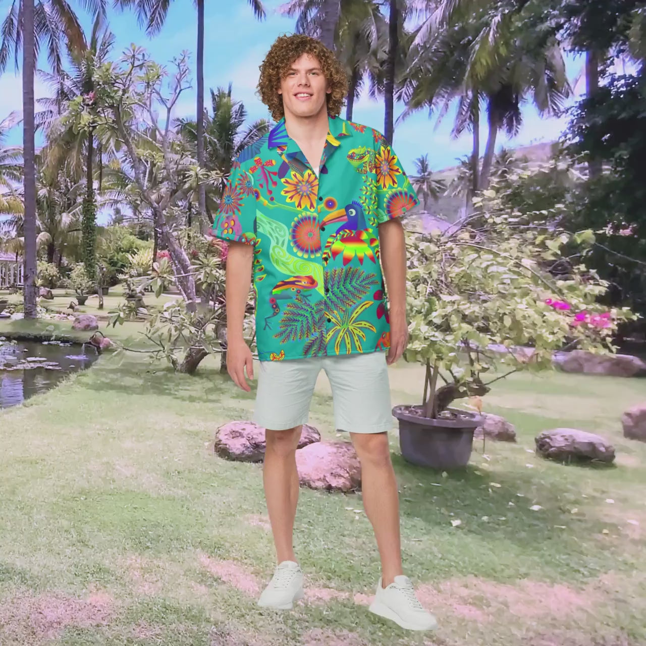 Tropical Bird Hawaiian Shirt, Teal Graphic Button Up, Oversized Resort Wear (UPF 50+)