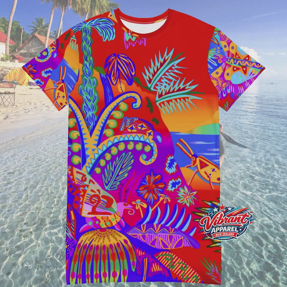 Custom Neon Tropical T-Shirt Dress, Colorful Sunset Print, Relaxed Fit, Vacation Outfit