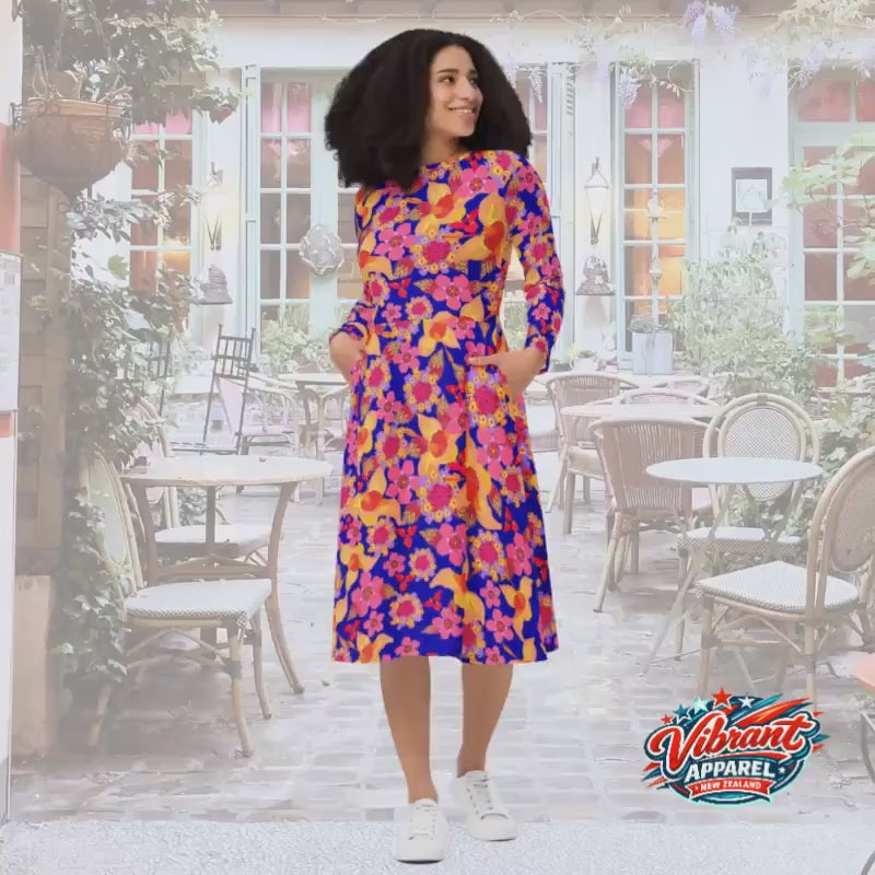 Orange Purple Floral Long Sleeve Midi Dress with Pockets | Vibrant Apparel NZ