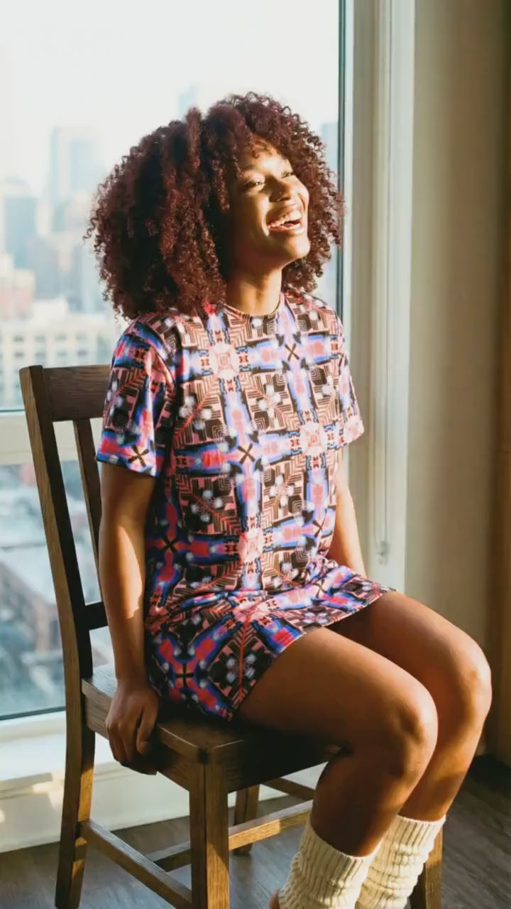 Cosmic Cross Graphic T-Shirt Dress – Abstract Geometric Print, Streetwear Style