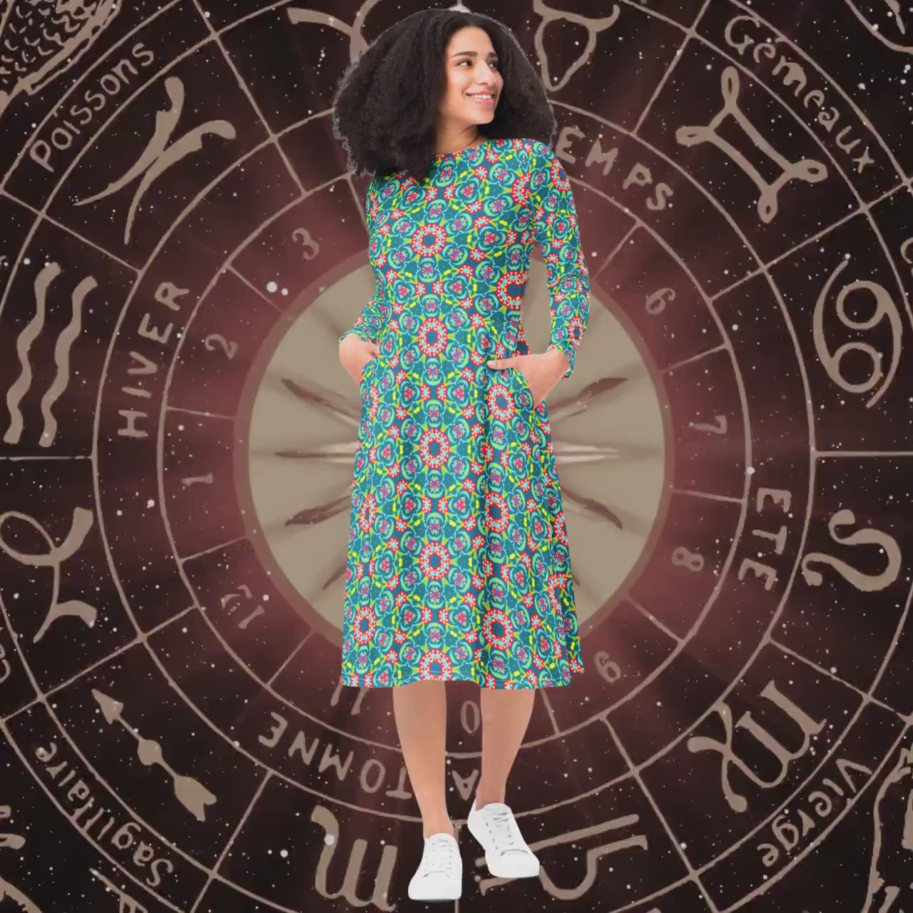 Persian Floral Midi Dress with Pockets, Fit and Flare Long Sleeve Boho Dress