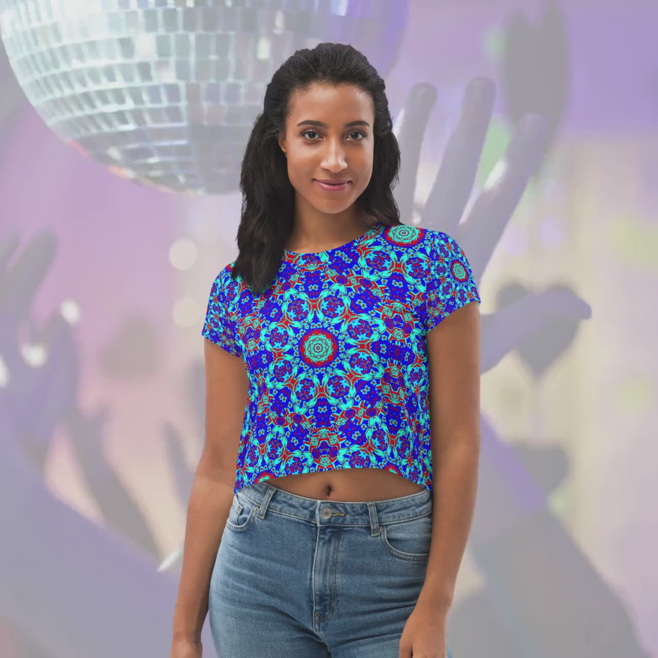 Mosaic Floral Crop Tee – Women's Colorful Print, Boho Festival Top