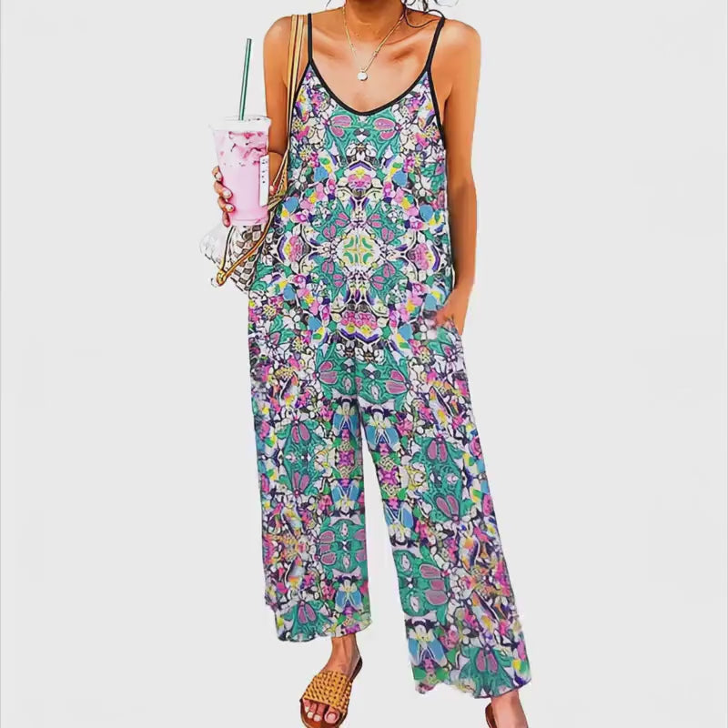 Boho Geometric  Pink Green Jumpsuit - Spaghetti Strap Wide-Leg Overalls