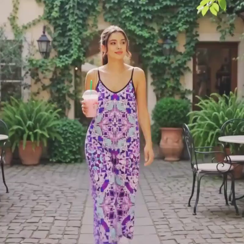 Abstract Purple Pink Geometric Wide-Leg Jumpsuit