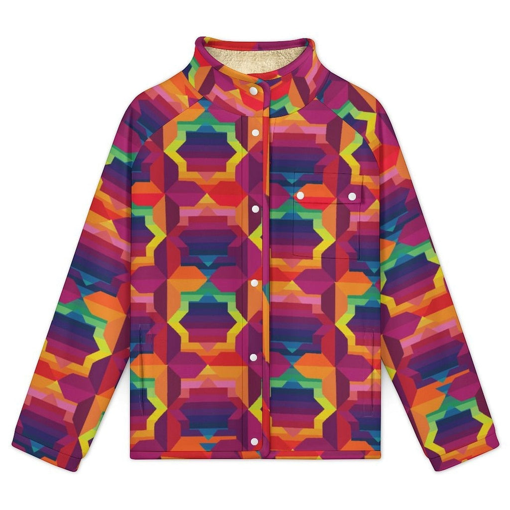 Vibrant Apparel New Zealand women's retro geometric sherpa fleece jacket with a colorful kaleidoscope print