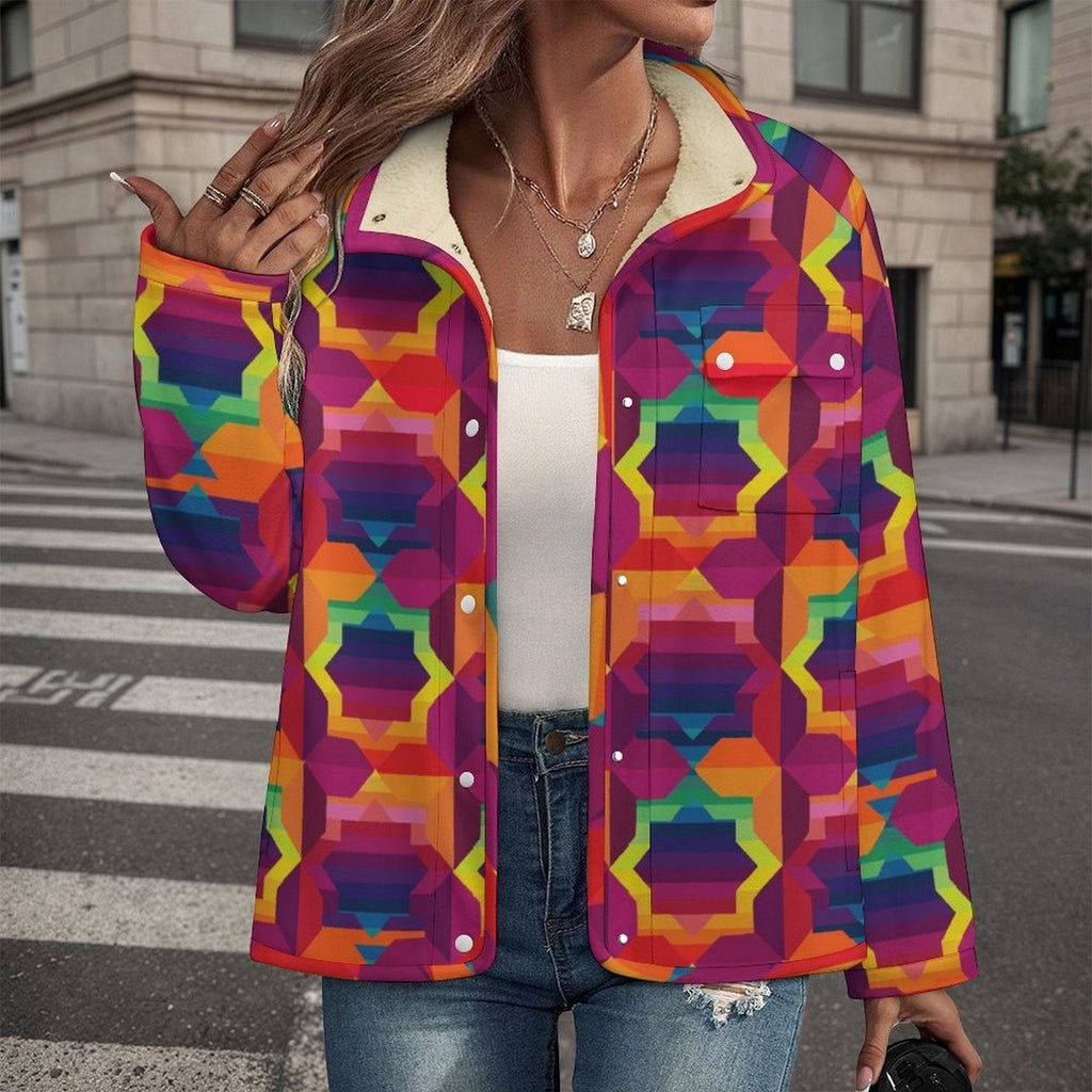 Vibrant Apparel New Zealand women's retro geometric kaleidoscope print sherpa fleece jacket with a button-down front.
