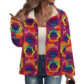 Vibrant Apparel New Zealand women's retro geometric kaleidoscope print sherpa fleece jacket with button-down front