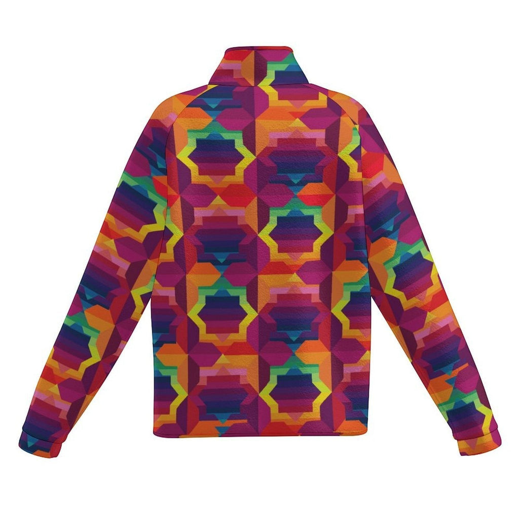 Vibrant Apparel New Zealand women's retro geometric kaleidoscope print fleece jacket with stand collar, back view.