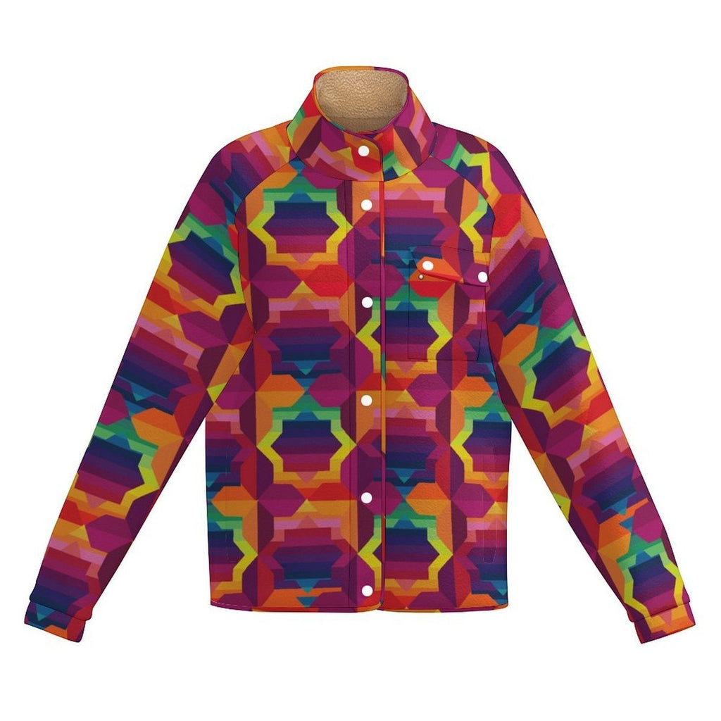 Vibrant Apparel New Zealand retro geometric print sherpa fleece jacket with stand collar and button-down front.