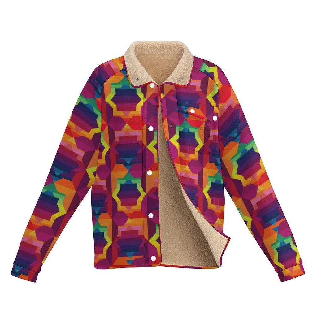 Vibrant Apparel New Zealand retro kaleidoscope geometric print sherpa fleece jacket with khaki lining and button front.